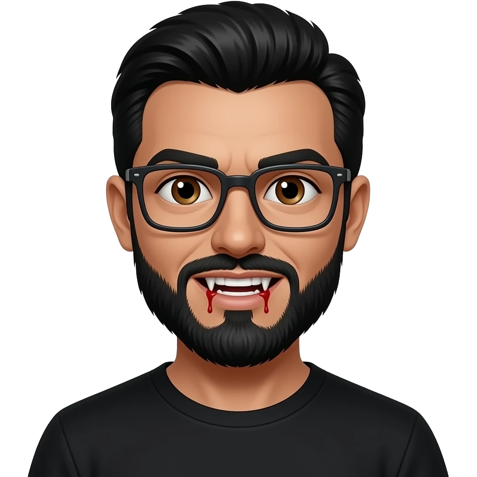black slick back hair, tan skin, black beard, with square glasses, brown eyes, black tee shirt,  dracula teeth with bloody teeth emoji