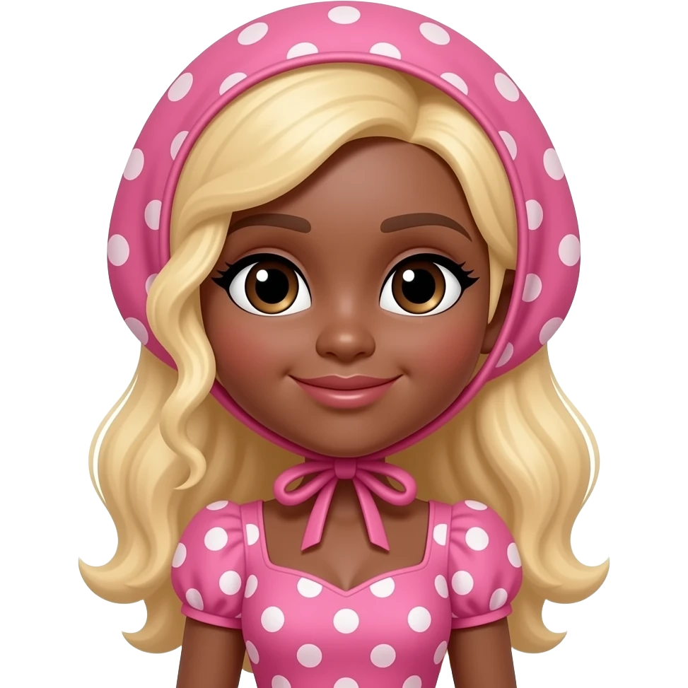 Bo peep hat  bonnet, Dark brown eyebrows,Bo peep girl, Dark brown skin, Doll shaped face, doll eyes, pink, wavy with side part longer blonde hair, sexy pink Bo peep dress with  white polka dots emoji