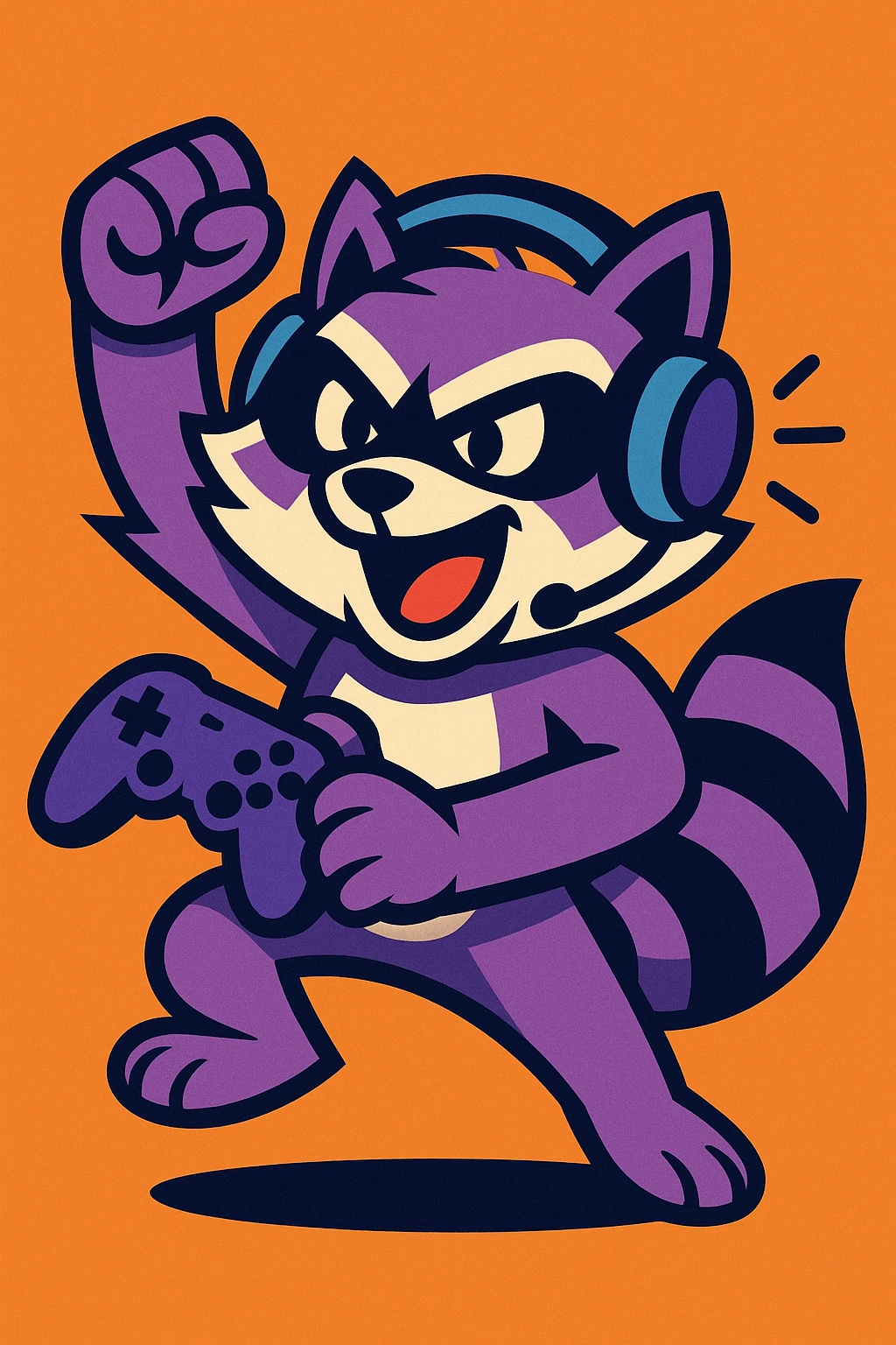 raccoon character inspired by Twitch Champion, energetic pose, bold colors, gaming mascot vibe emoji