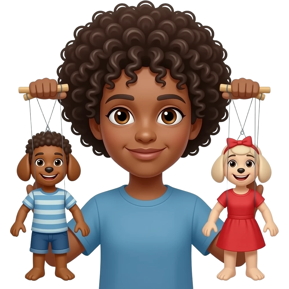 Una persona riccio afro,occhi marroni che gestisce le sue marionette emoji