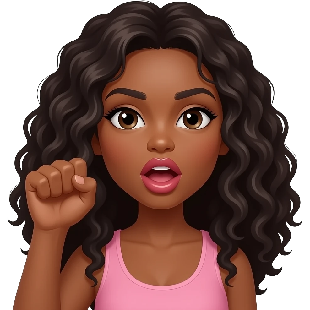 A brown woman with dark long curly hair and big pouting lips Holding her hand up with an open fist. Mouth needs to be open emoji
