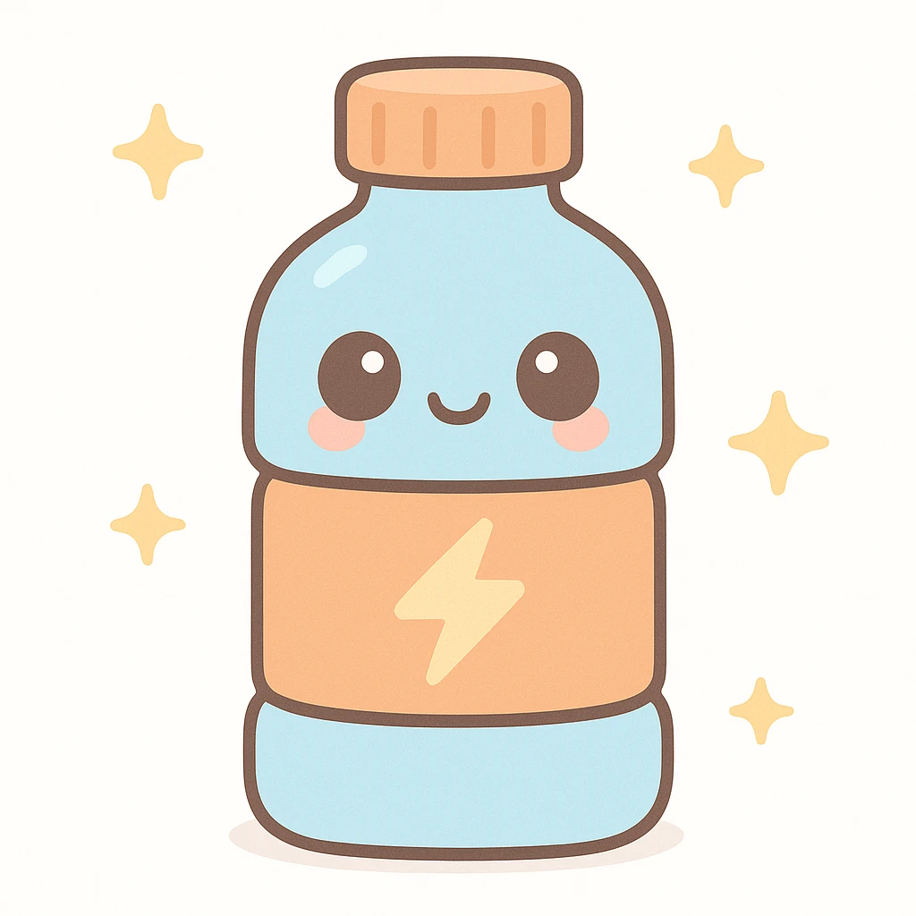 kawaii style sports drink bottle with a cheerful face, pastel blue and orange colors, and a lightning bolt symbol emoji