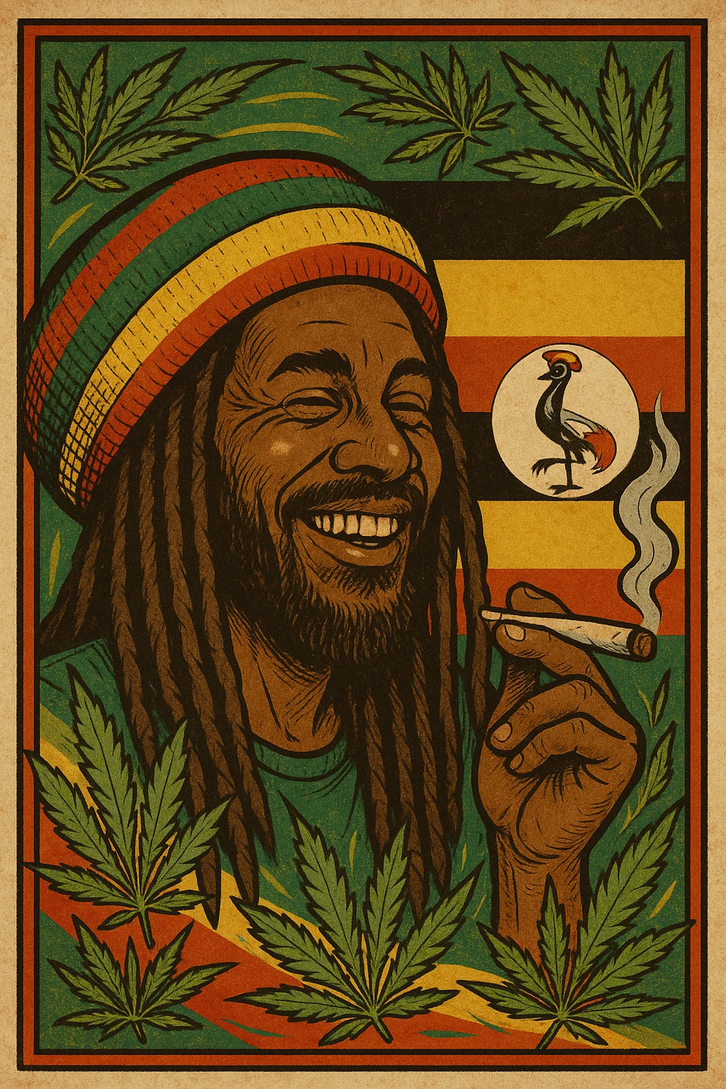 “A digital vintage-style poster illustration of a smiling Ugandan Rasta man with long dreadlocks, wearing a red, yellow, green striped tam hat. He is smoking a herbal spliff. The background features the authentic Uganda flag with accurate black, yellow, and red horizontal stripes, and includes the official grey crowned crane emblem on the right side. Surround the scene with stylized cannabis leaves and Rasta colors to enhance the reggae vibe. Use a warm, textured retro color palette and artistic shading to give it a nostalgic roots feel. The mood should be positive, vibrant, and soulful — honoring Ugandan culture and Rasta lifestyle.” emoji