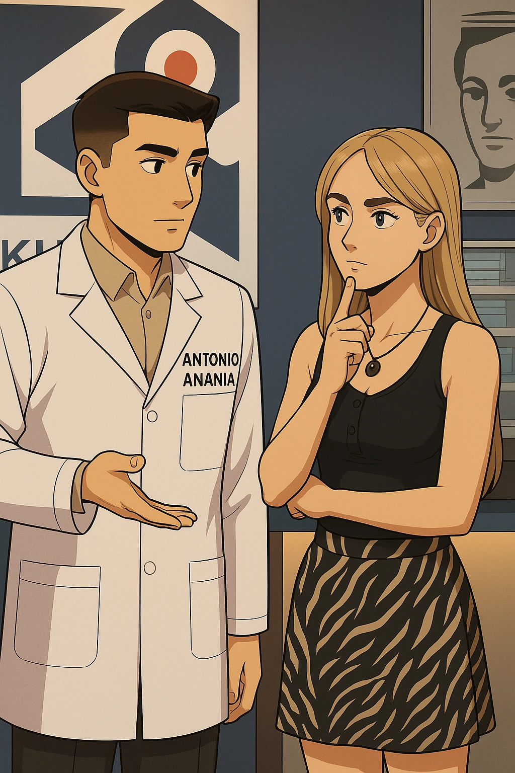 fai un webtoon/manga a colori con questo kinesiologo in camice bianco (fagli la scritta "ANTONIO ANANIA" SUL CAMICE) CHE PARLA CON QUESTA RAGAZZA CON GLI OCCHI AZZURRI. la ragazza HA UN DITO SUL MENTO MENTRE PENSIEROSA gli fa una domanda e IL KINESIOLOGO CON IL CAMICE BIANCO LE risponde. NON FARE I FUMETTI, FAI SOLO LORO COME SE DIALOGASSERO emoji