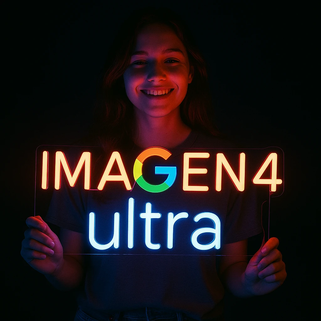 make a girl holding this sign, but sign in made of neon, also add ultra below the sign emoji