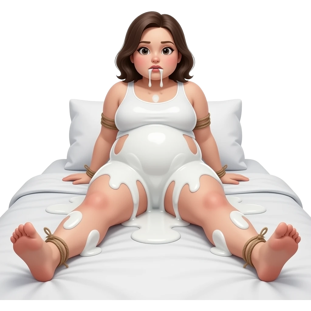 30 year old girl chubby, thick white liquid all over, bound body, ,(((spread your legs))), cute face, face, realistic face, petite body, drooling out of mouth, on bed, , not wearing clothes and butt in the air emoji