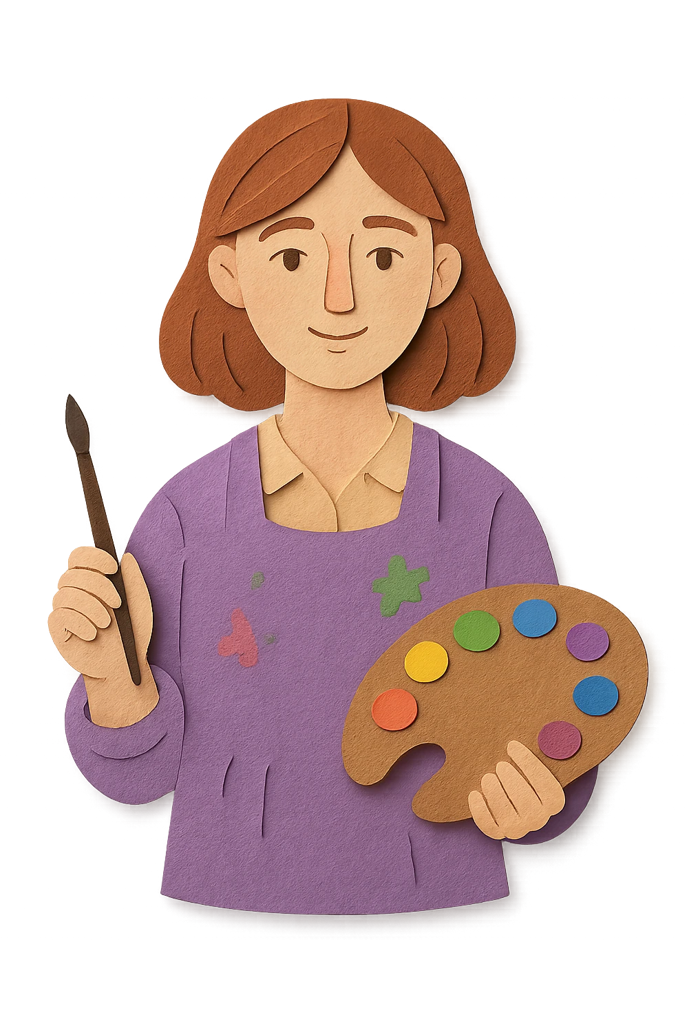 Serene female oil painter, Caucasian features, shoulder-length auburn hair, soft brown eyes, gentle smile, wearing a violet painter’s smock lightly stained with paint over a beige blouse, holding a wooden palette with vibrant colors in one hand and a brush in the other, waist-up, front-facing emoji