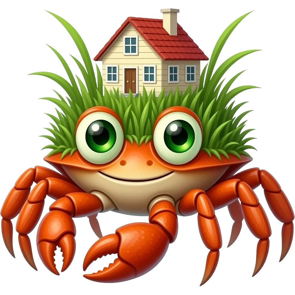 A crab with grass on it and also with green growing eyes and with at your house on its back emoji