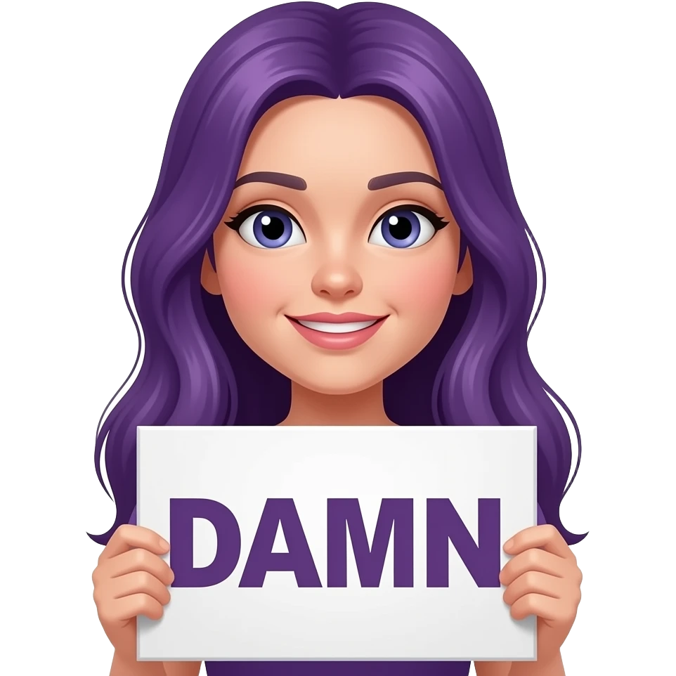 girl with long purple hair with a DAMN... sign emoji
