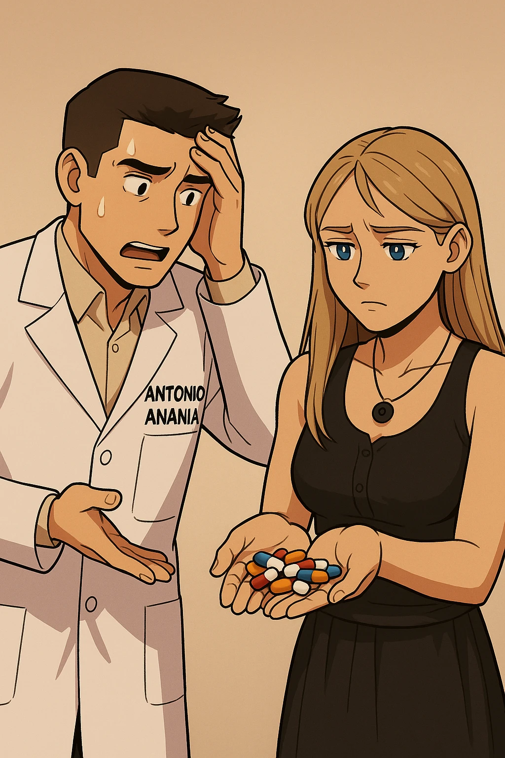 fai un webtoon/manga a colori con questo kinesiologo in camice bianco (fagli la scritta "ANTONIO ANANIA" SUL CAMICE) CHE PARLA CON QUESTA RAGAZZA CON GLI OCCHI AZZURRI. LA RAGAZZA HA UN PUGNO DI INTEGRATORI IN MANO (TANTE PILLOLE DIVERSE) E LE GUARDA DUBBIOSA. IL KINESIOLOGO CON IL CAMICE BIANCO SI TIENE UNA MANO SULLA FRONTE SCONFORTATO MENTRE LE DICE CHE STA SBAGLIANDO A PRENDERE TUTTI QUEGLI INTEGRATORI. NON FARE I FUMETTI, FAI SOLO LORO COME SE DIALOGASSERO emoji