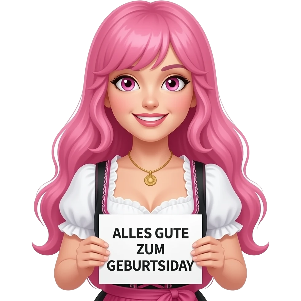 sexy girl with long pink hair and pink eyes wearing a dirndl holding a ALLES GUTE ZUM GEBURTSTAG sign emoji
