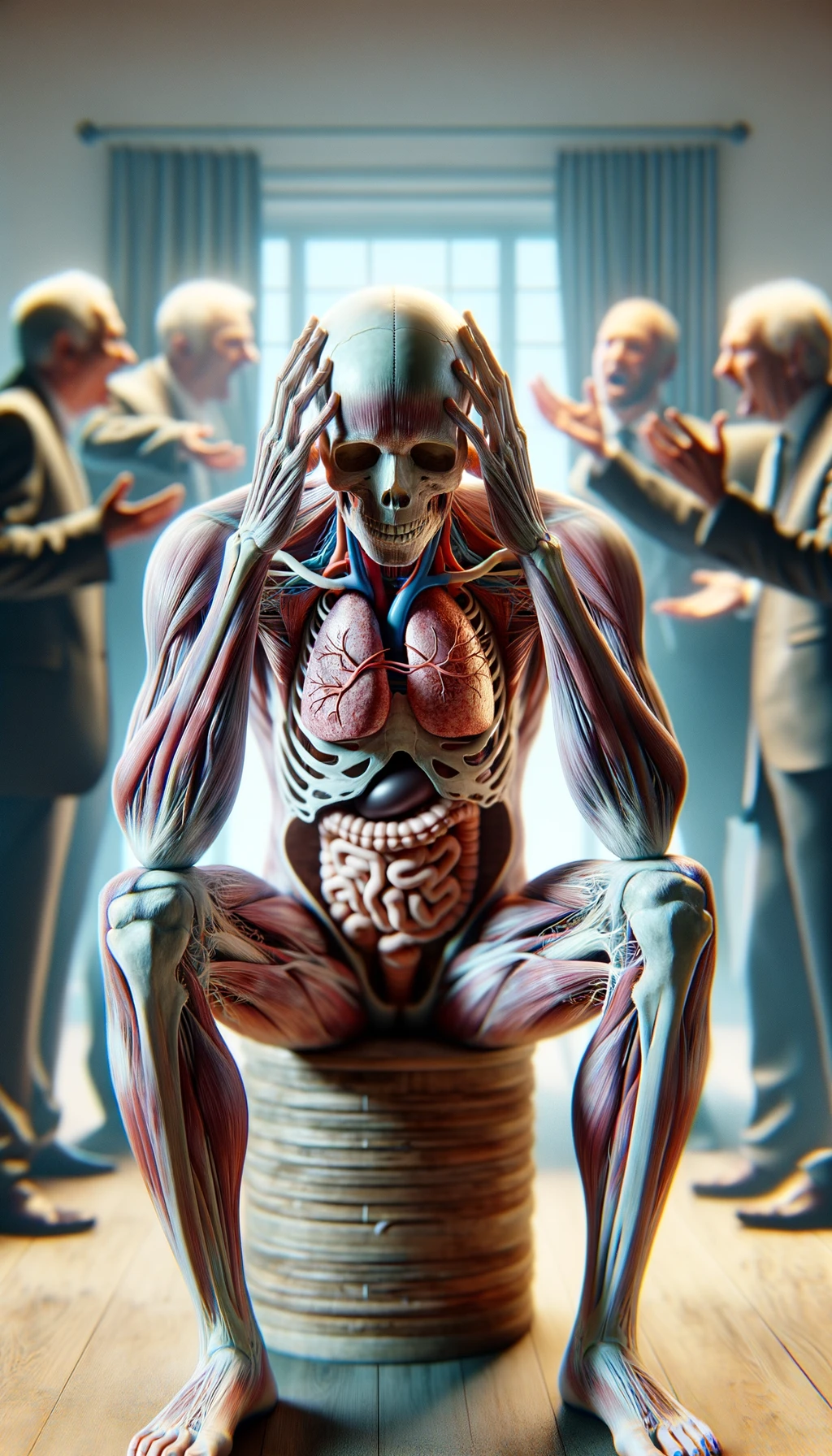 CORPO UMANO ANATOMICO SEDUTO a casa sua con intestinoa anatomico visibile CON PERSONE SFOCATE SULLO SFONDO CHE GLI PARLANO contro E LO ASSILLANO, LUI SI TIENE LE MANI SULLA TESTA ED è MOLTO STANCO E STRESSATO: non riesce ad ascoltare tutti quelli che gli stanno parlando, IPERREALISTICO 4K emoji