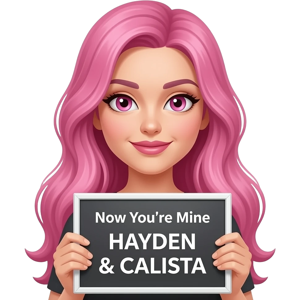 sexy girl with long pink hair and pink eyes holding a Now You're Mine HAYDEN & CALISTA sign emoji