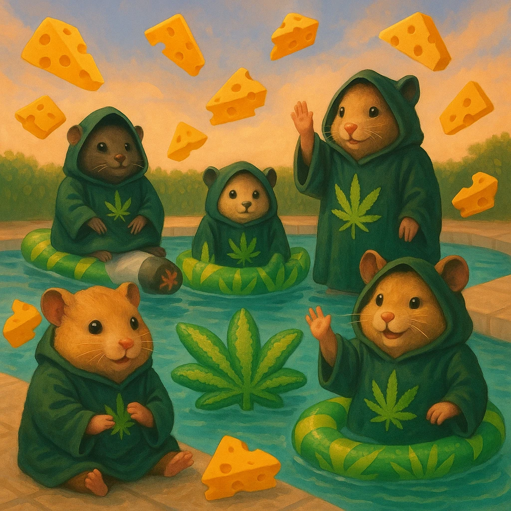 A group of hamsters at a pool party with a cult-like vibe, wearing robes with THC leaf symbols, surrounded by floating cheese slices and weed-themed pool inflatables, playful and surreal. emoji