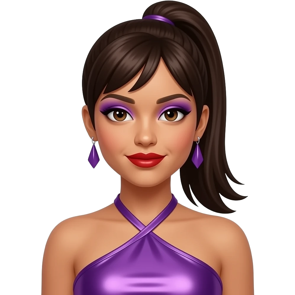 Melody Thornton from The Pussycat Dolls with medium dark skin, dark brown eyes, long dark brown 2000s straight high ponytail hair, purple eyeshadow, red lipstick, purple metallic halter dress, earrings emoji
