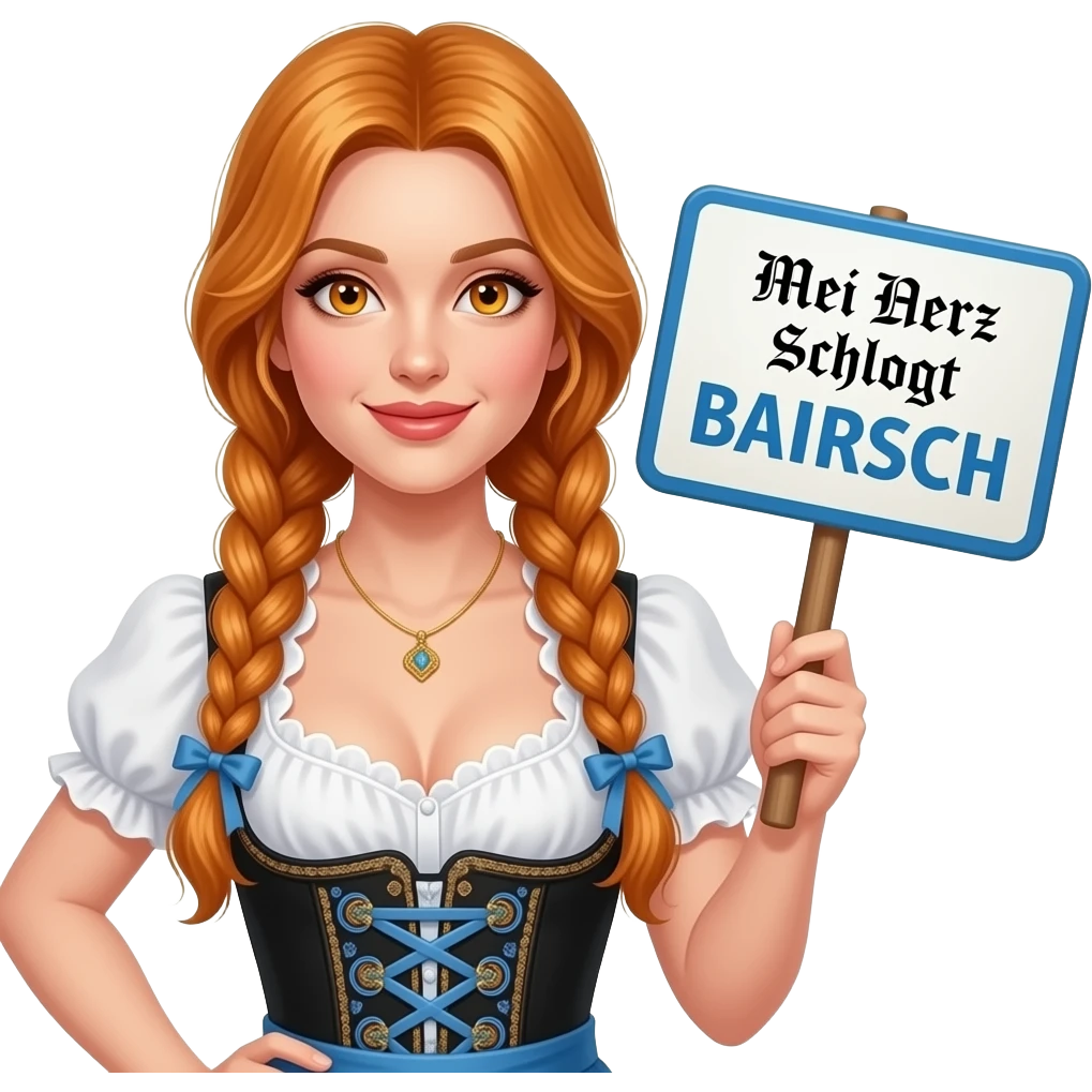 sexy girl with overlong ginger hair in braids and ginger eyes wearing a dirndl holding a Mei Herz schlogt BAIRISCH sign emoji