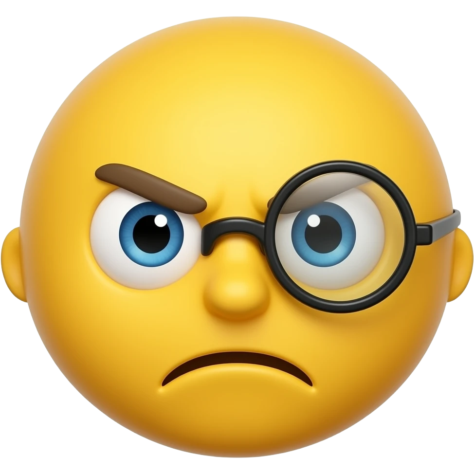 3D-rendered emoji of a yellow face with a furrowed brow and a slight frown, wearing a single glass monocle over one eye. High-detail Apple style, soft lighting, professional graphic design, solid black background. emoji
