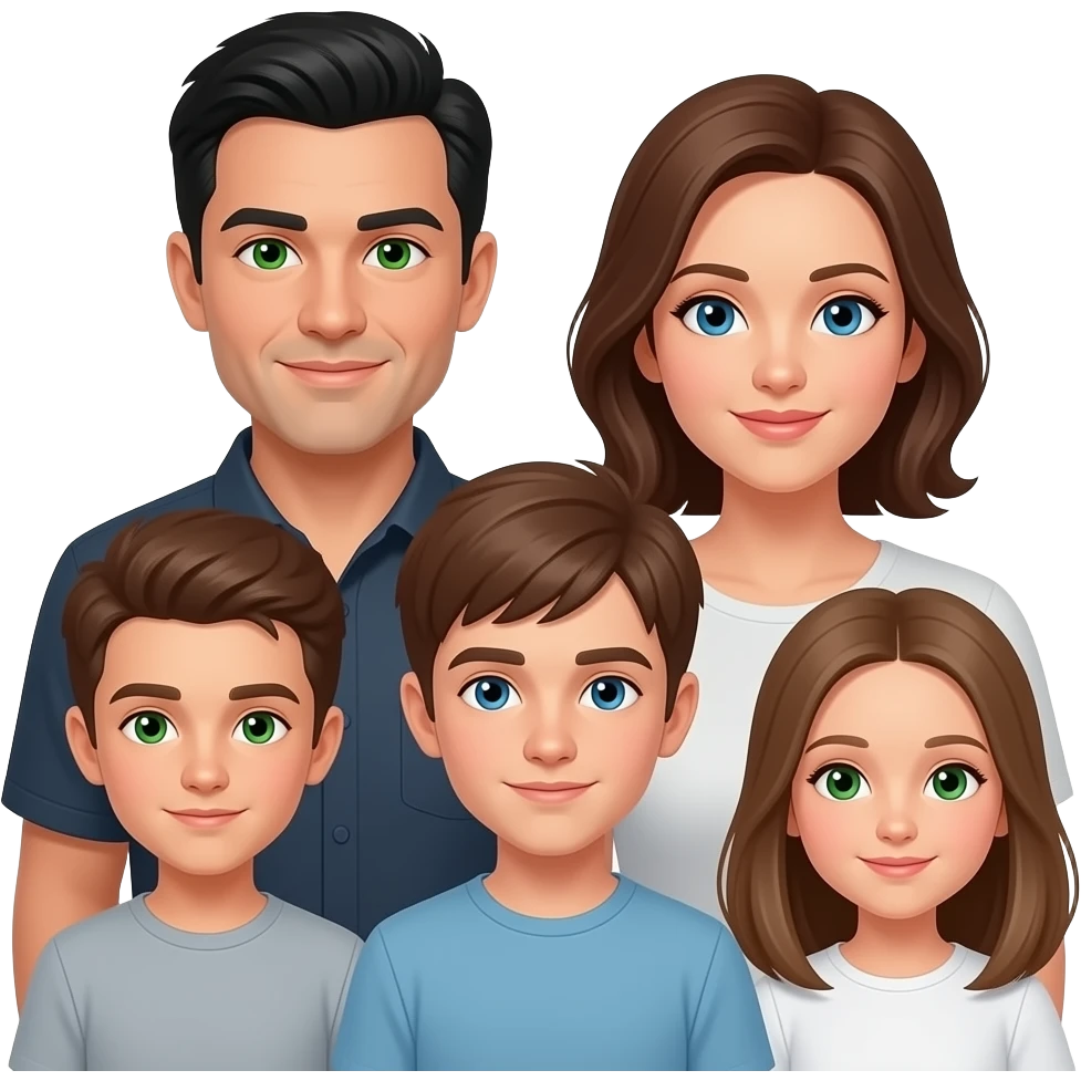 family of 6 white people (all with brown hair other than father with black hair and green eyes), mother has blue eyes, with 4 total kids. oldest brother is 30 green eyes, next oldest brother is 20 green eyes, next oldest brother is 15 blue eyes, and daughter is 10 with light brown hair green eyes. emoji