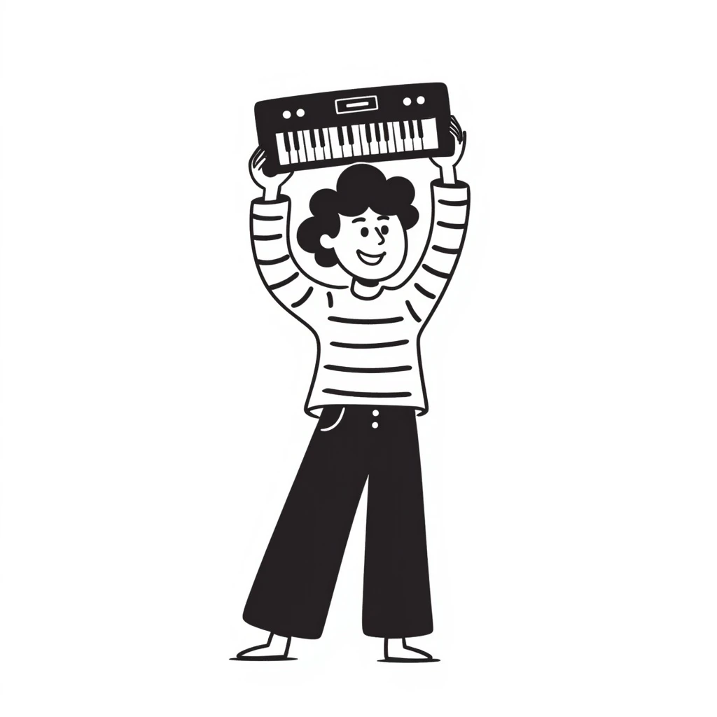 a person holding a keyboard up to their head like a boombox, playful doodle style emoji
