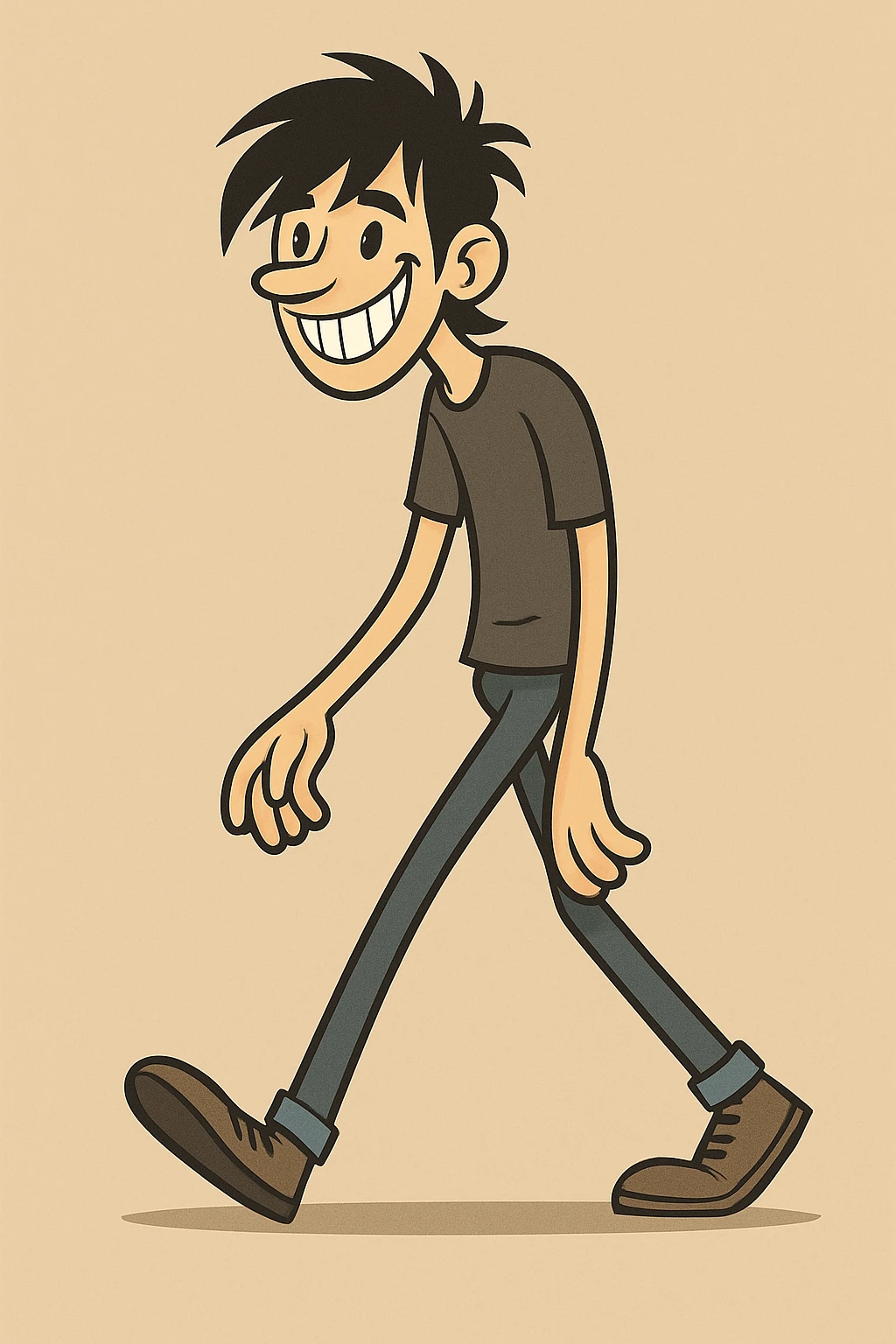 Make the stylized tall, skinny man with messy emo hairstyle look much happier, with a big smile showing lots of teeth, keep the walking pose and style as in the original image. emoji