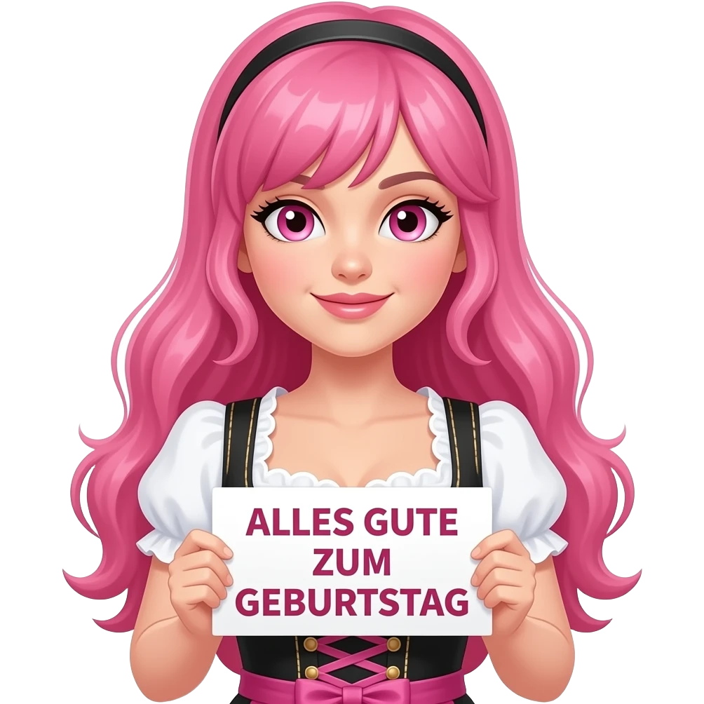 sexy girl with long pink hair and pink eyes wearing a dirndl holding a ALLES GUTE ZUM GEBURTSTAG sign emoji