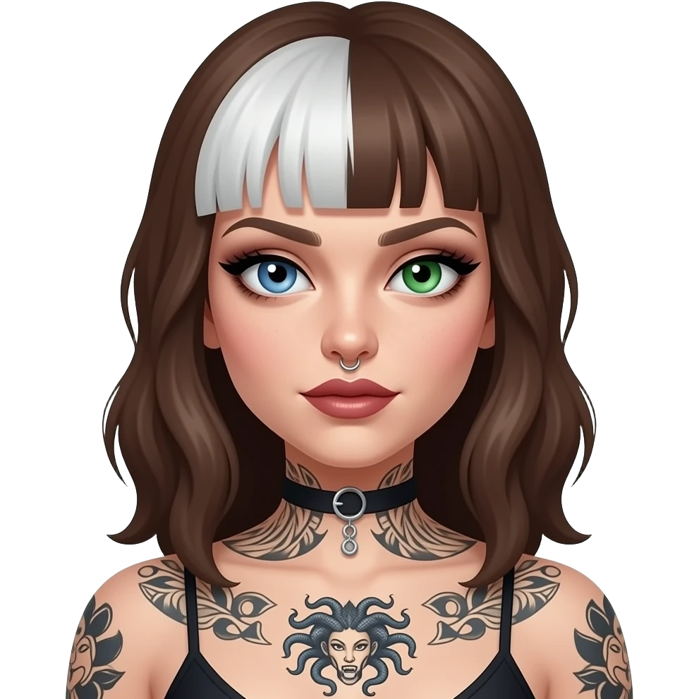 One blue eye one green eye pale white woman with brown hair with white streak in front and dark feminine makeup a Medusa piercing and body tattoos emoji
