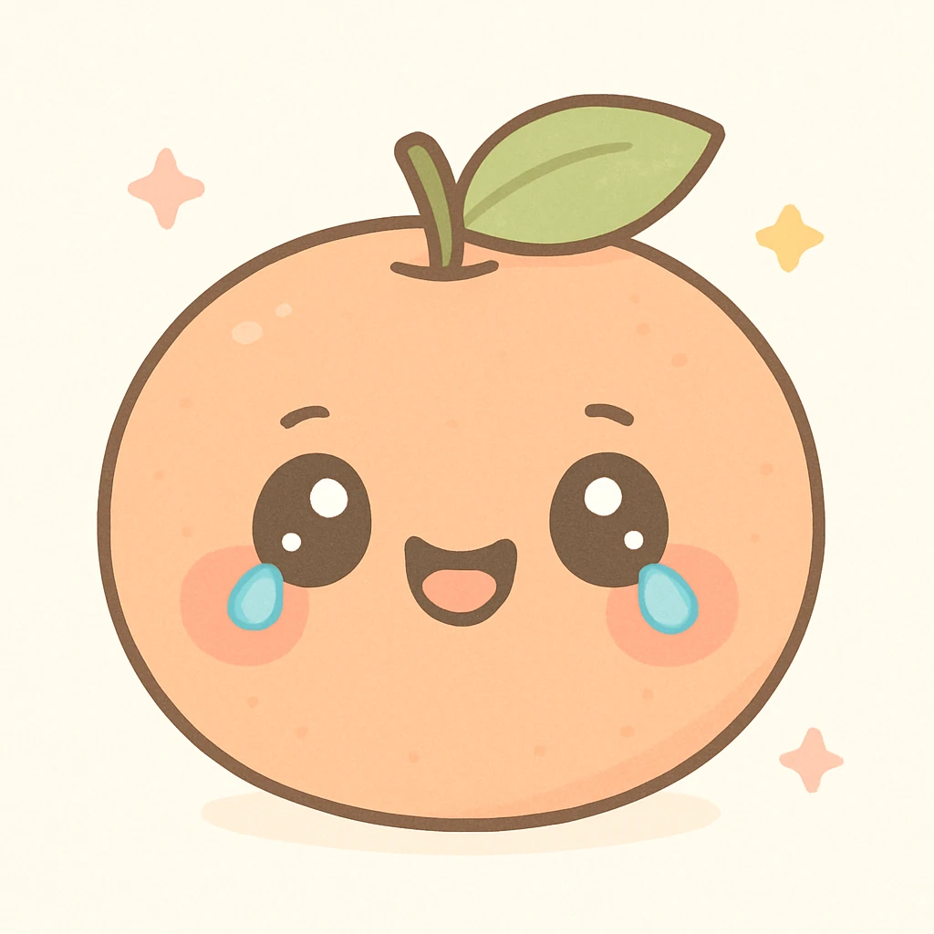 tangerine fruit with a laughing-crying expression, extra kawaii style, big sparkling eyes, blushing cheeks emoji