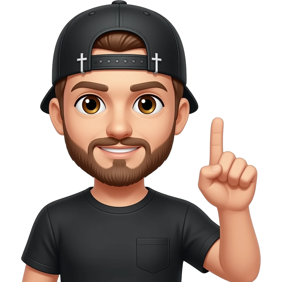 Brown eyes, rock cap with metallic clips on the cap visor , rock cross on the cap , black teeshirt, saying hi, no ratio, no chain, short hair , browning beard, no withstand emoji