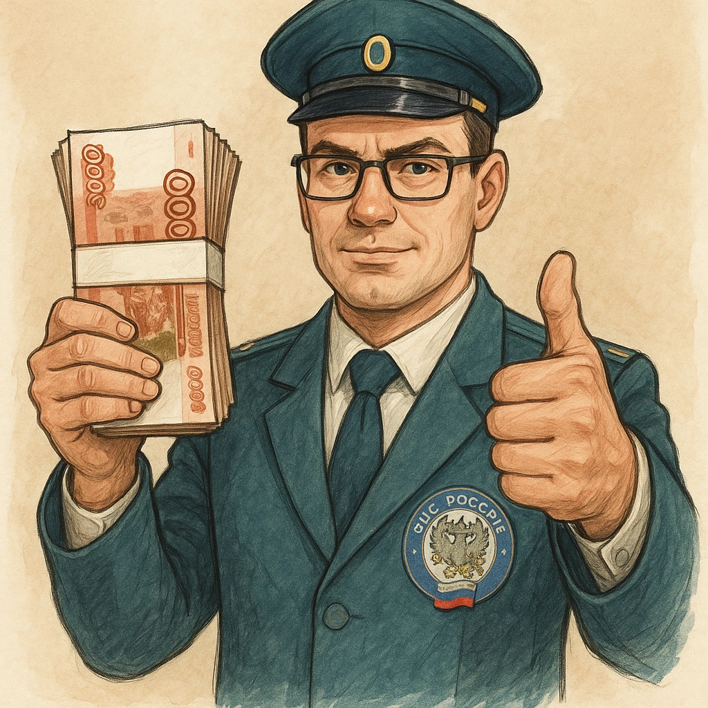 В слегка рисованном, но при этом объемном стиле инспектор ФНС держит пачку 5000 тысячных купюр, другой показывает класс и смотрит ровно на зрителя emoji