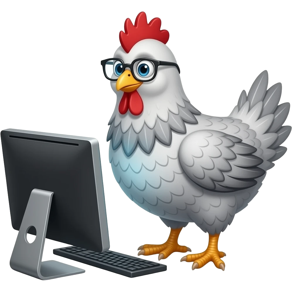 chicken with grey feathers throughout with glasses in front of a computer emoji