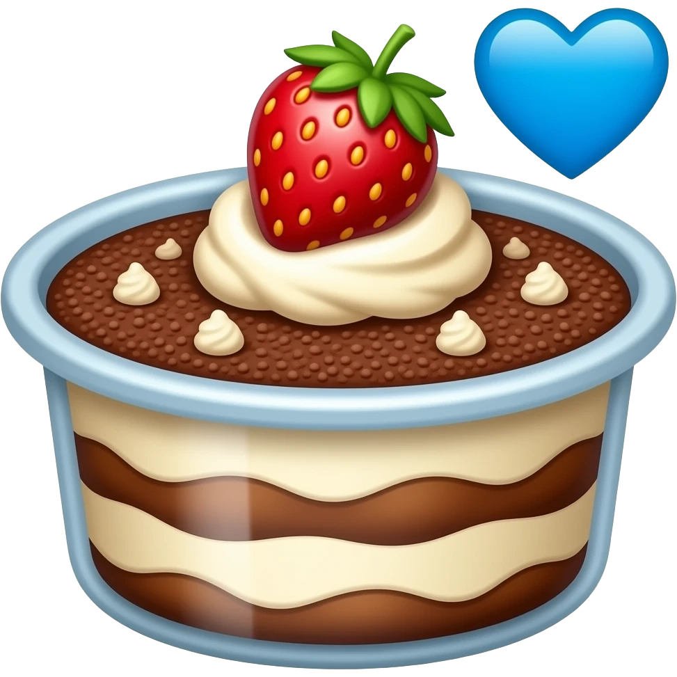 minimal cocoa tiramisu with a strawberry in a large container and with 🩵 emoji