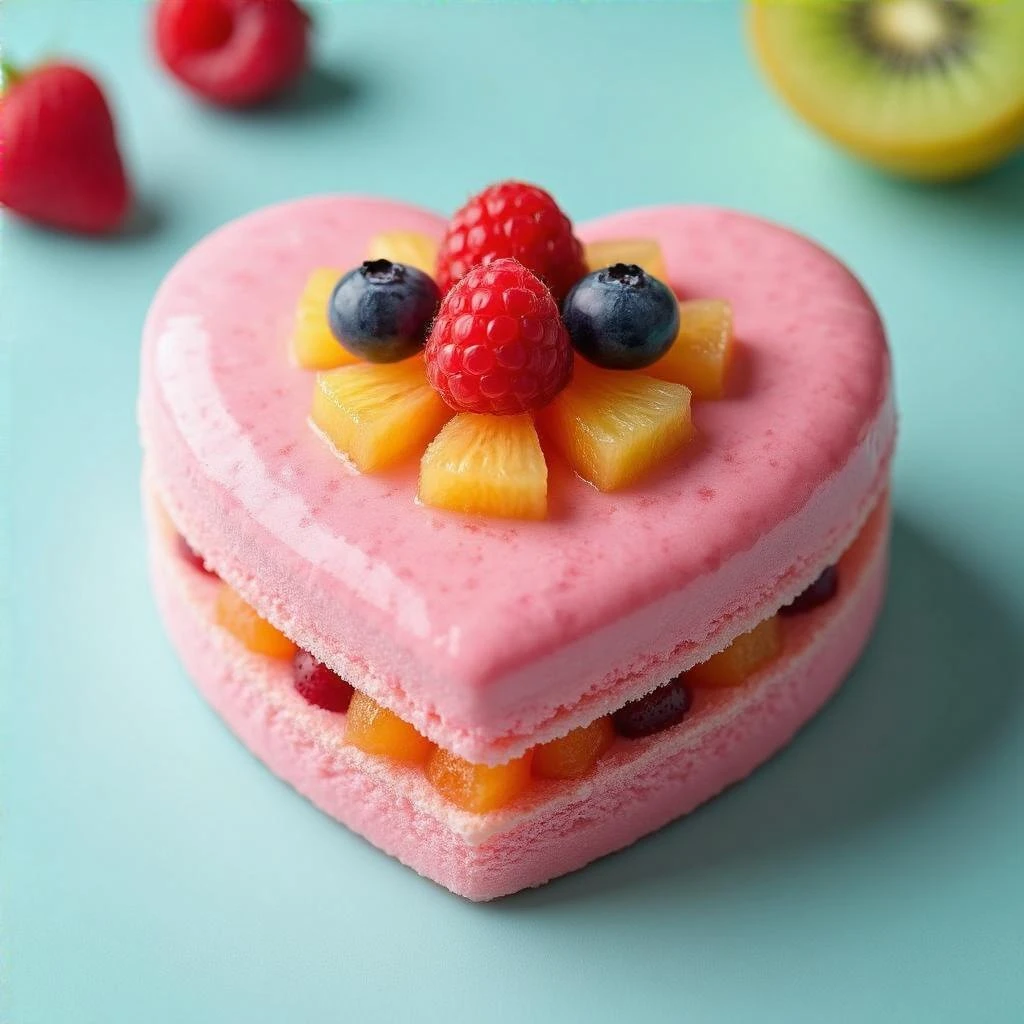 pink heart-shaped food with a fruit topping emoji