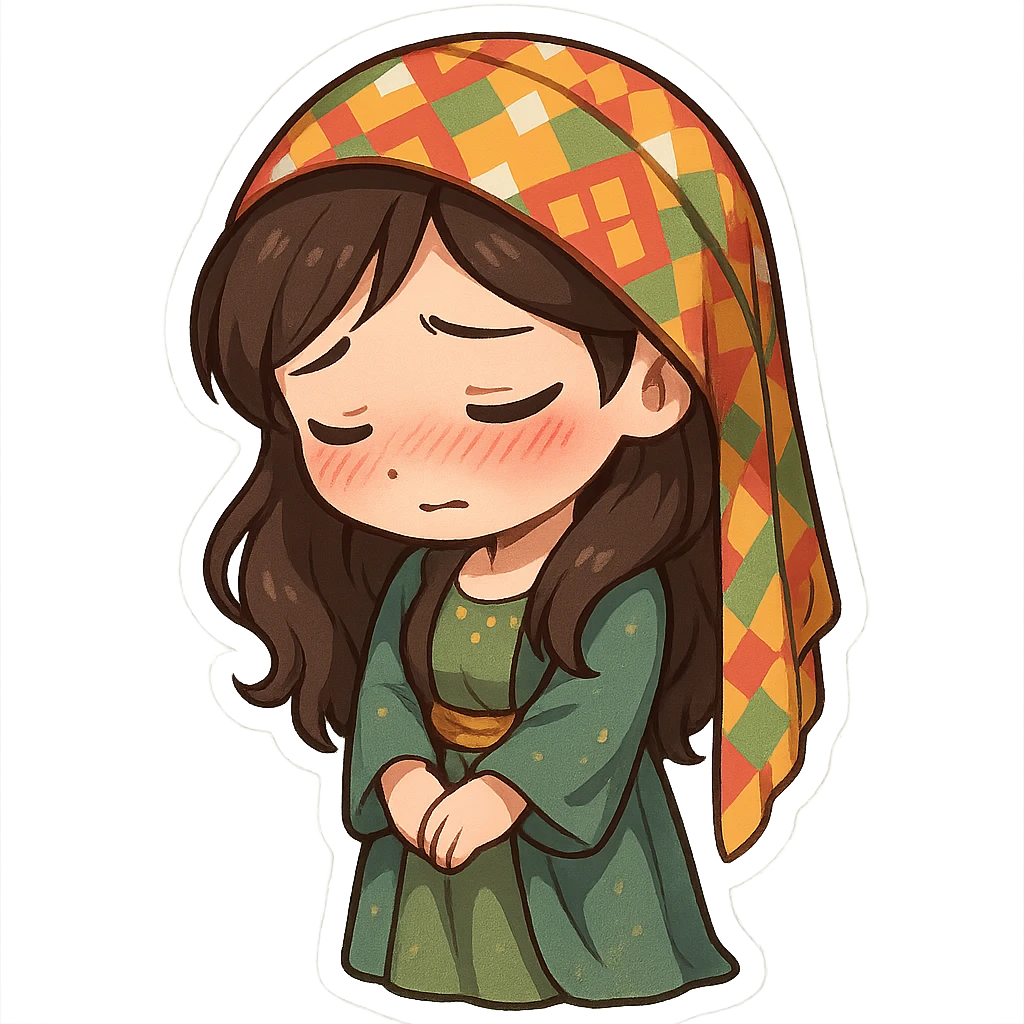 Kurdish sticker, cartoon style, Kurdish man or woman in jamadani, embarrassed or shy, blushing, looking down, no text emoji