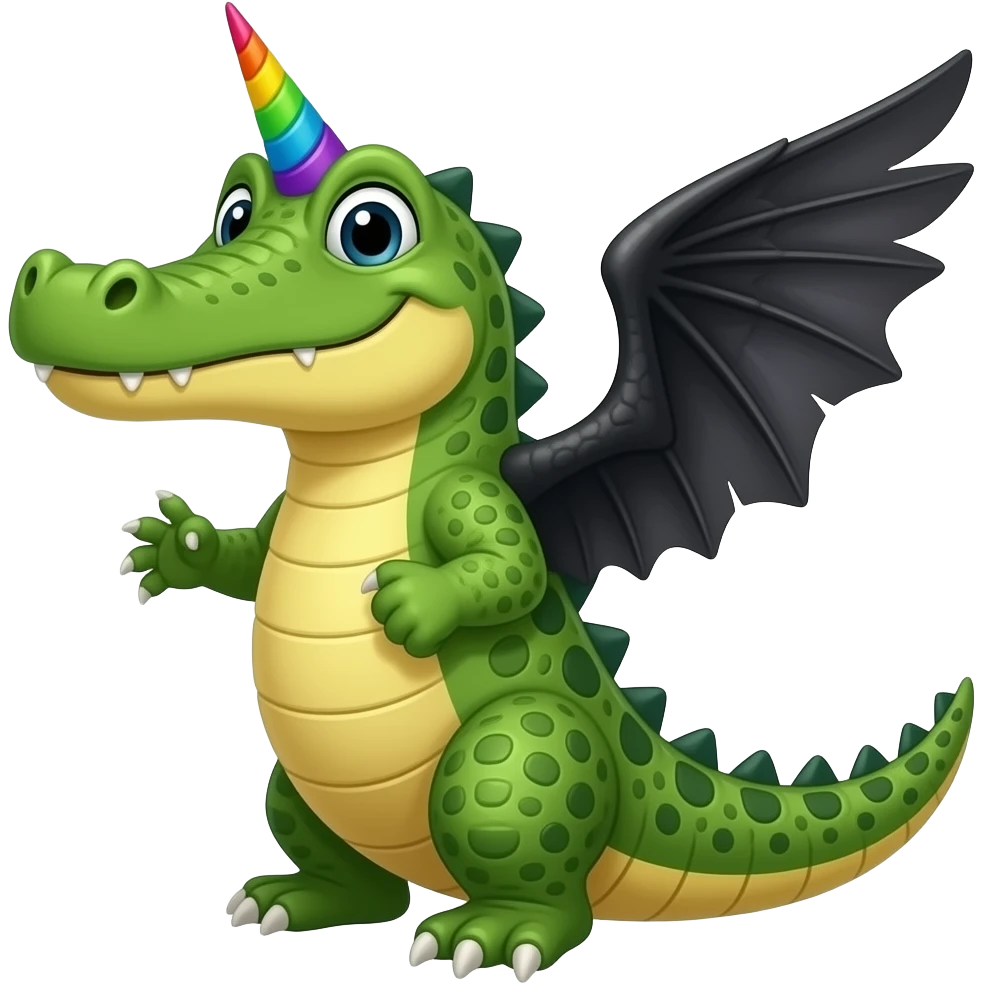 Alligator with rainbow unicorn horn and black wings emoji