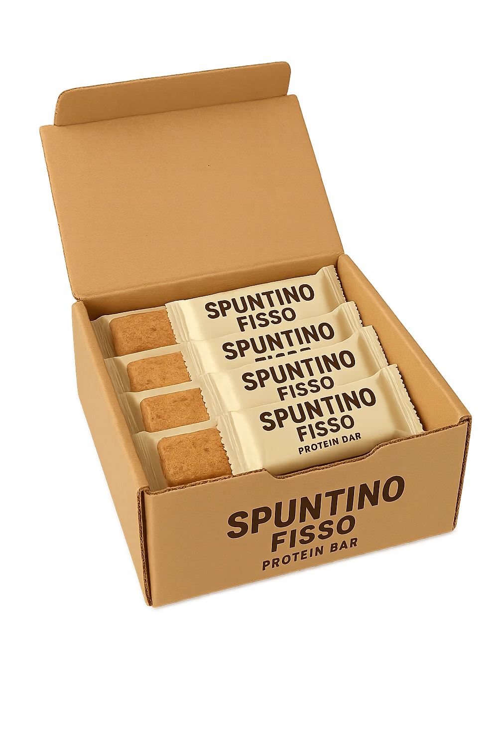 scatola aperta piena di barrette proteiche, con la scritta "SPUNTINO FISSO" SULLA CONFEZIONE in italiano,  realistici emoji
