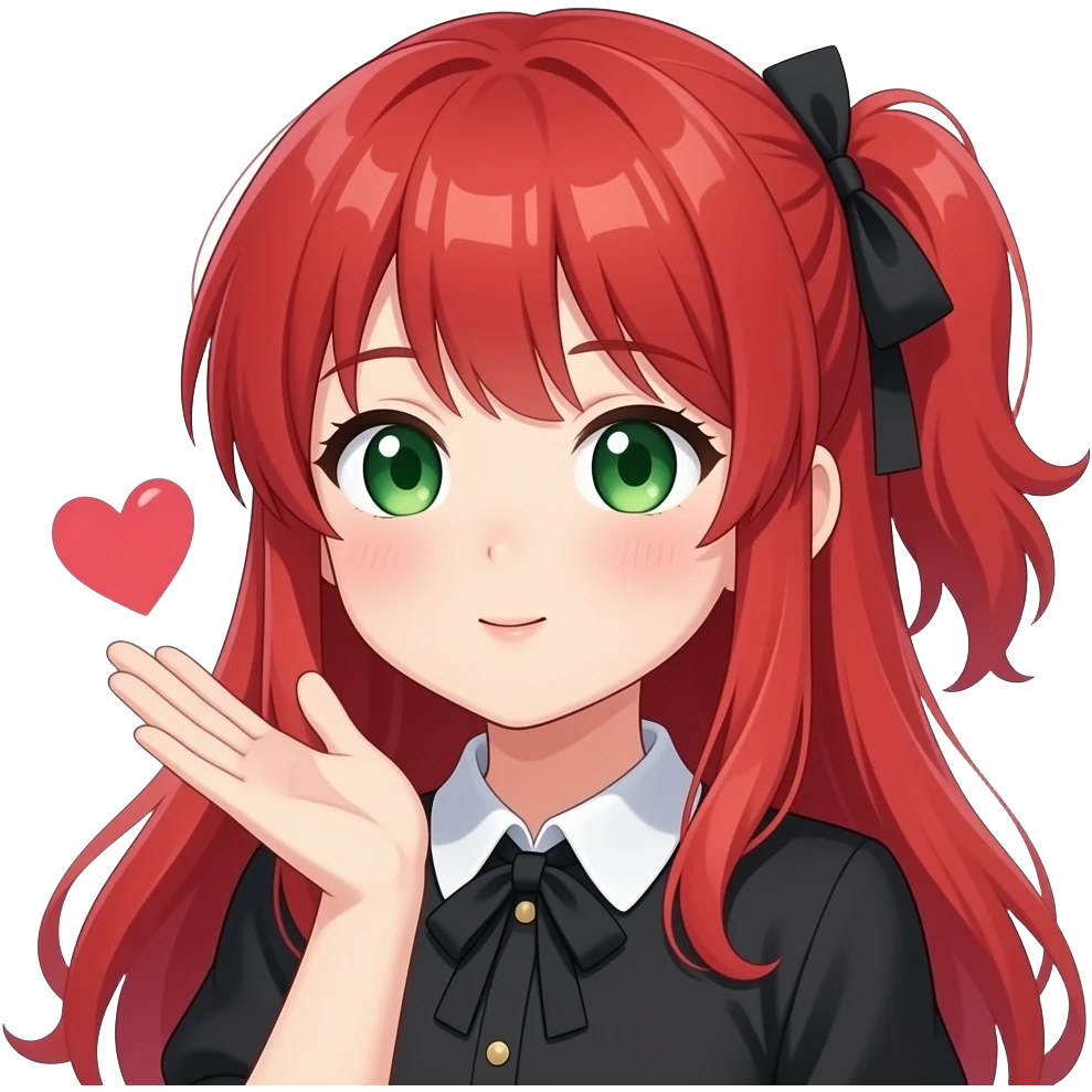 anime girl blowing smooch hand red hair green eyes black blouse with white collar emoji