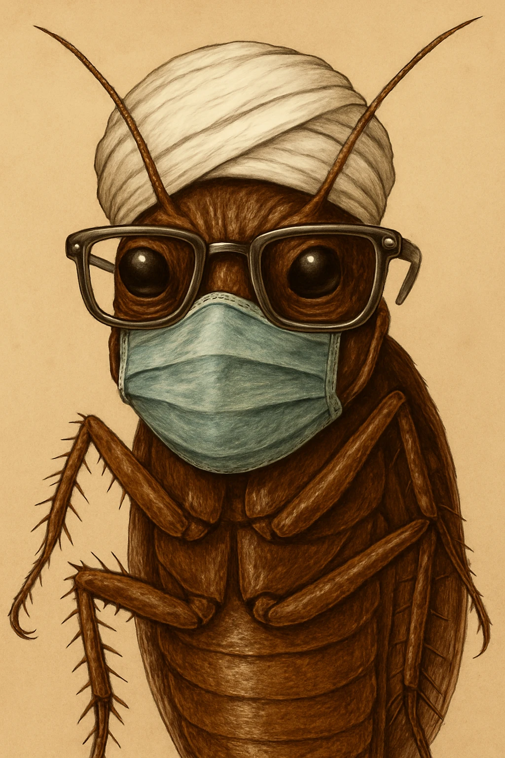 Change the nerd glasses to metal frames, keep the cockroach with white turban and facemask, detailed and expressive style. emoji