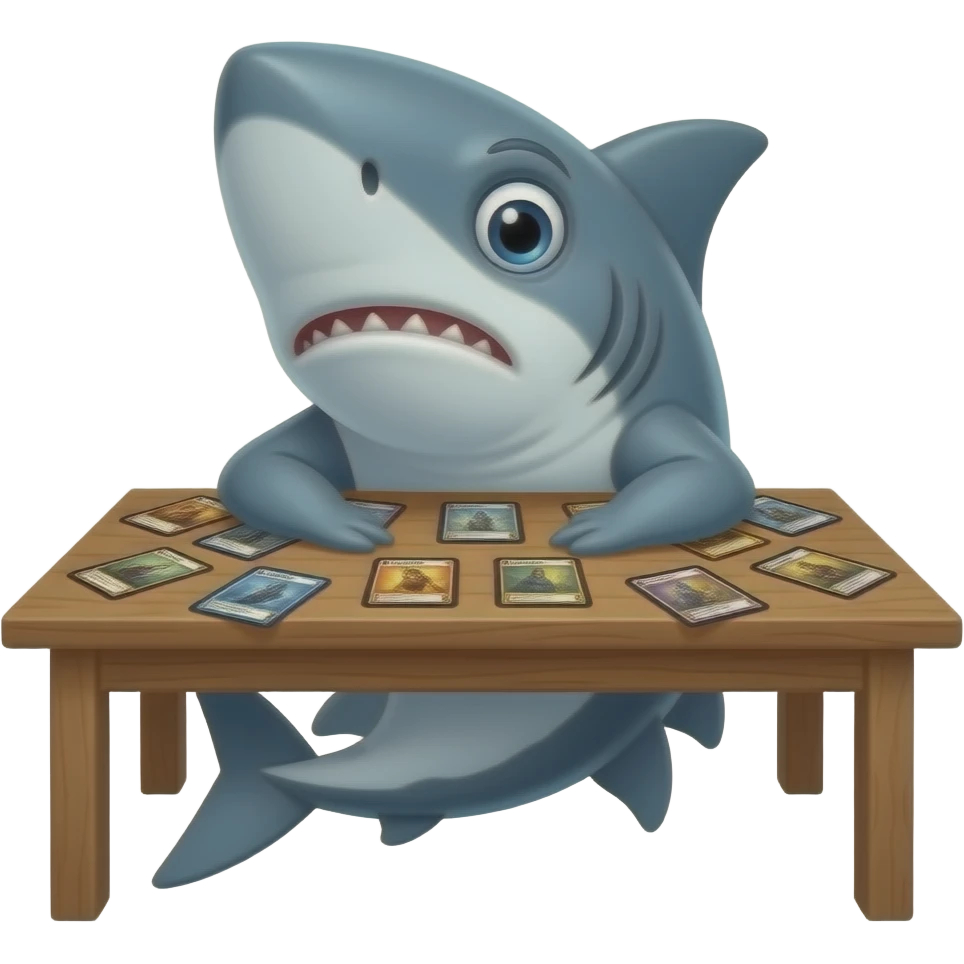 a disappointed shark flipping a table of Magic the Gathering cards emoji