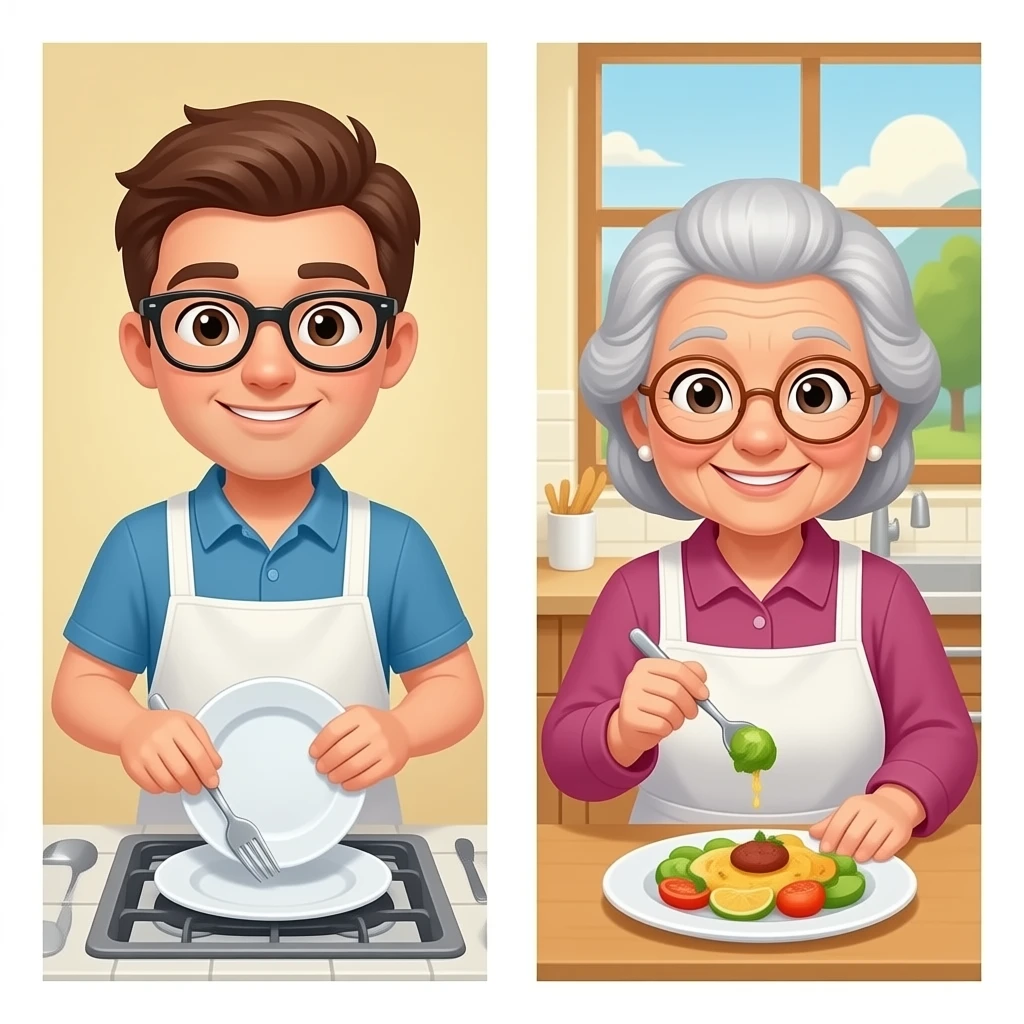 a young man doing dishes while old ladies enjoy food in a kitty emoji
