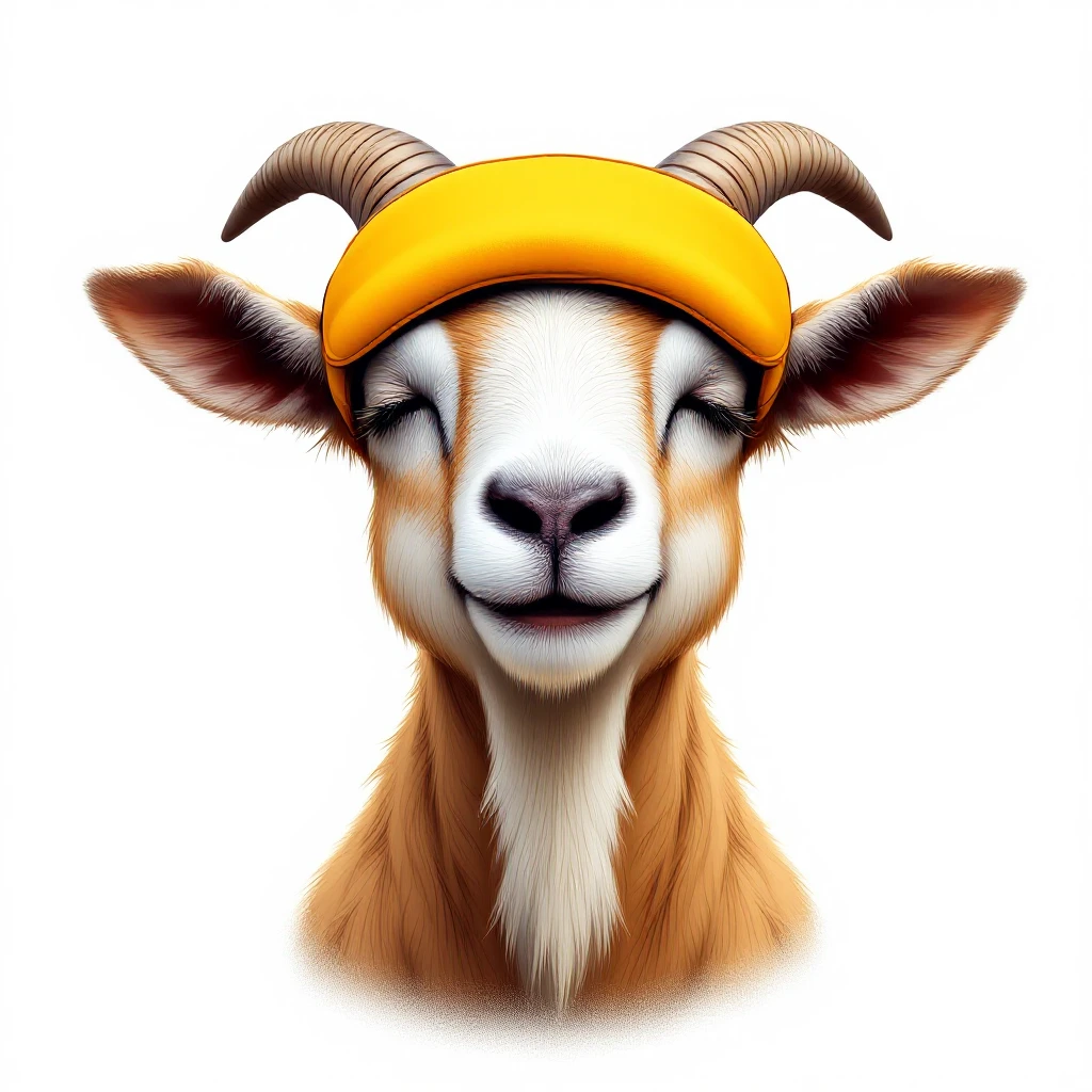 a goat with yellow sleep mask, front view,  Frontal Top-Down Soft Light, white background, portrait, casual cartoon stylized style art emoji
