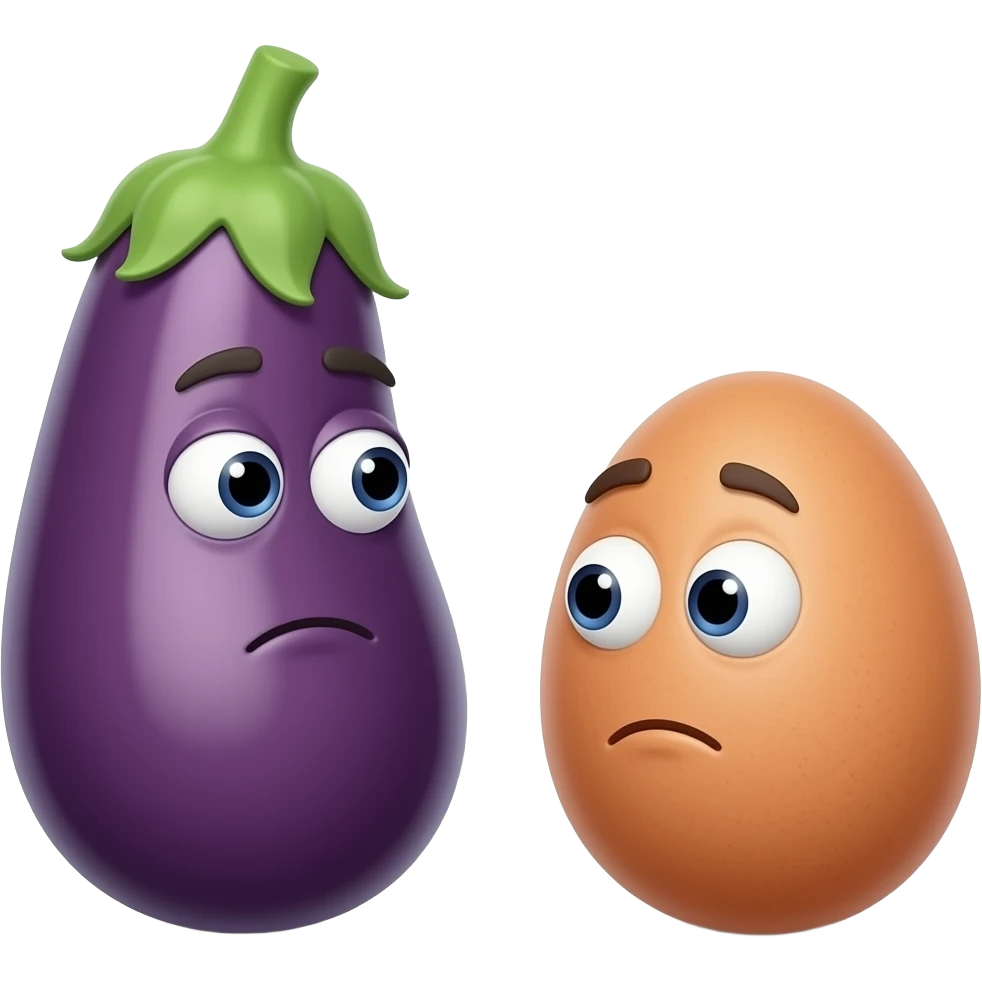Yellow emoji face looking at 1 big eggplant and 1 small eggplant trying to decide between the 2 emoji