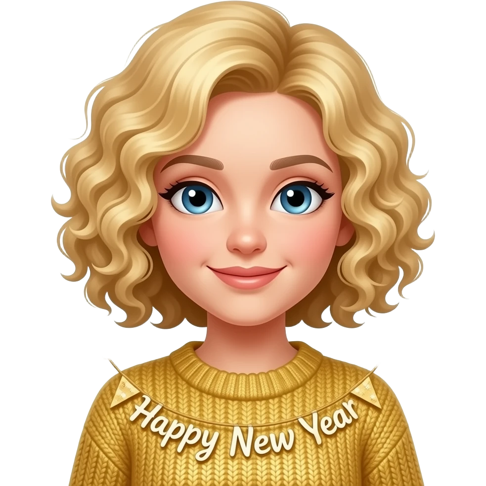 blonde tight curly hair in a short bob with Happy New Year banner with sparkles around in a gold sweater emoji