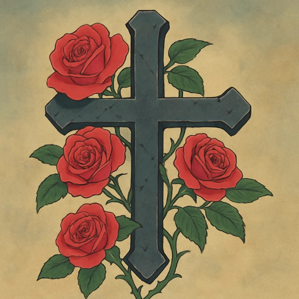 goth cross, with roses, Ghibli style emoji
