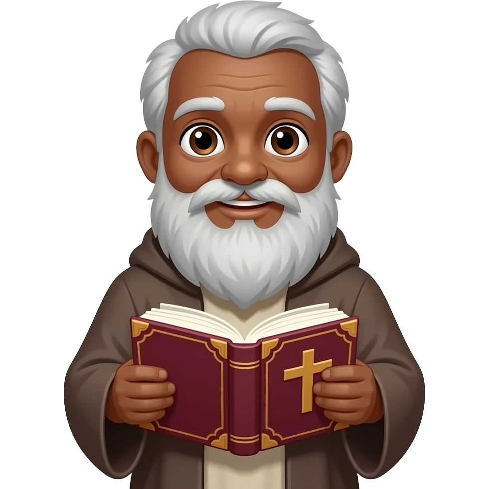 wise old man with grey hair robe friendly brown eyes white beard dark brown skin with burgundy book that has a cross on it emoji