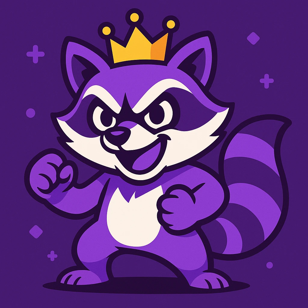 cartoon raccoon with a crown, playful and competitive, purple and white color scheme, Twitch-inspired emoji