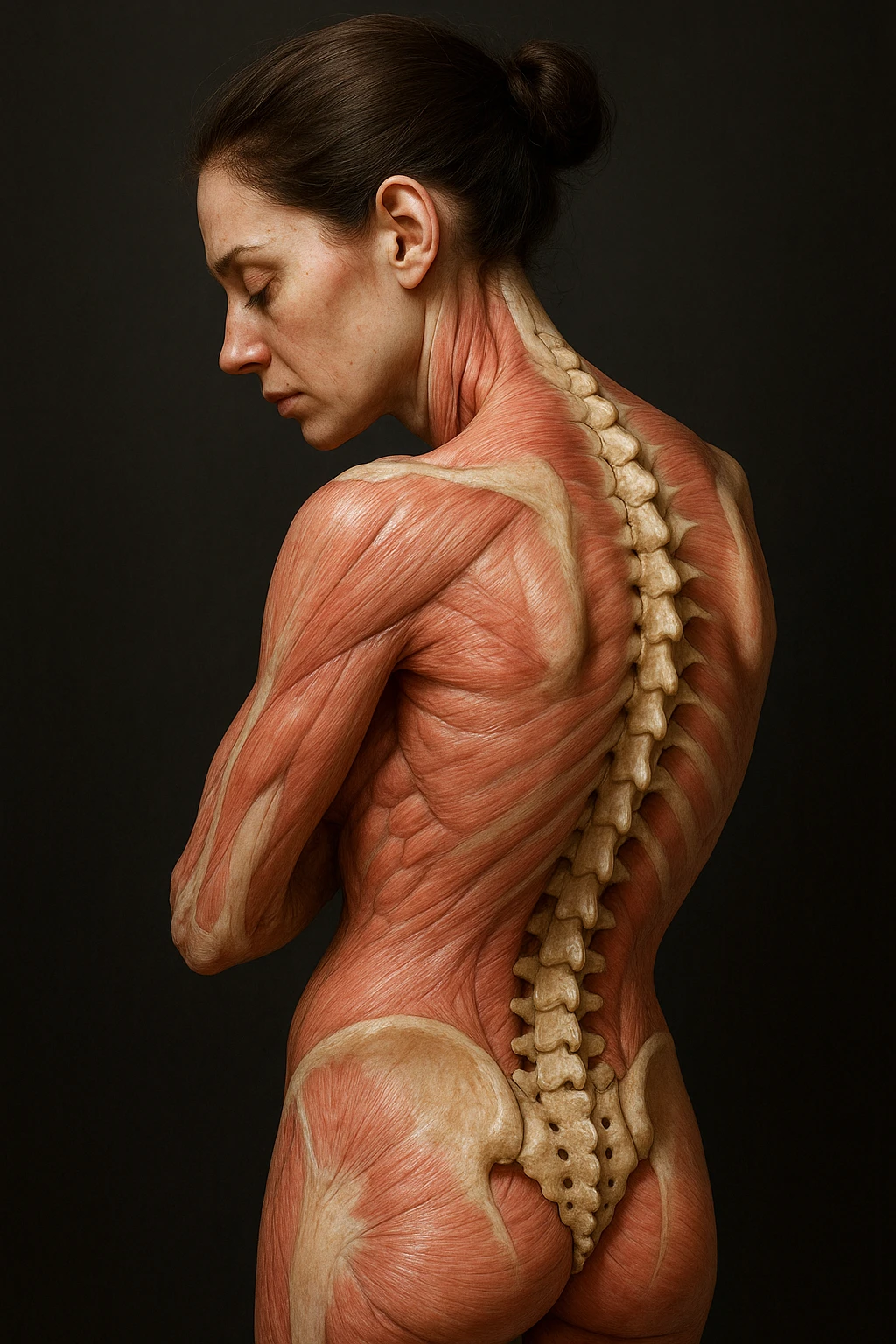 CORPO UMANO ANATOMICO di una donna di profilo con spalle chiuse e postura incurvata, spina dorsale in evidenza, IPERREALISTICO 4K emoji