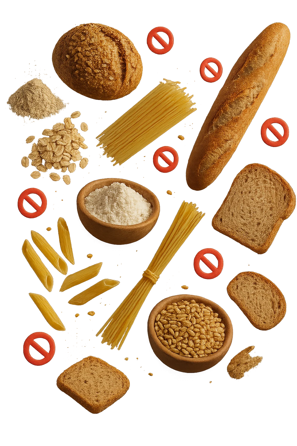 cereali, pane, pasta e farine realistici fluttuano in aria con piccoli divieti 3d, IPERREALISTICO 4K emoji