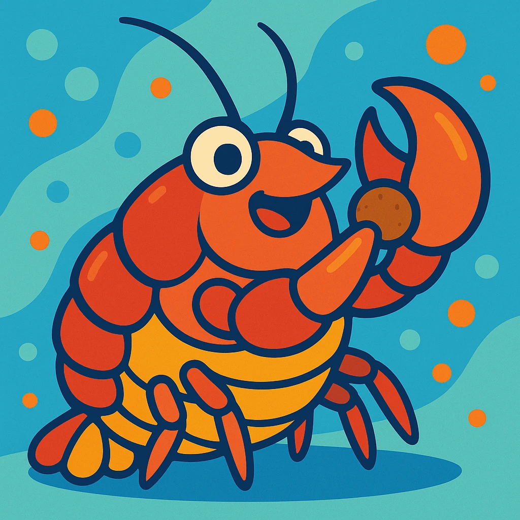fat crayfish eating a pellet, vibrant and playful style, fun and colorful illustration emoji