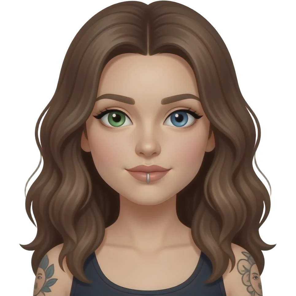 white long wavy haired brunette woman with one green eye one blue eye tattoos a philtrum piercing and a thin streak of grey hair emoji