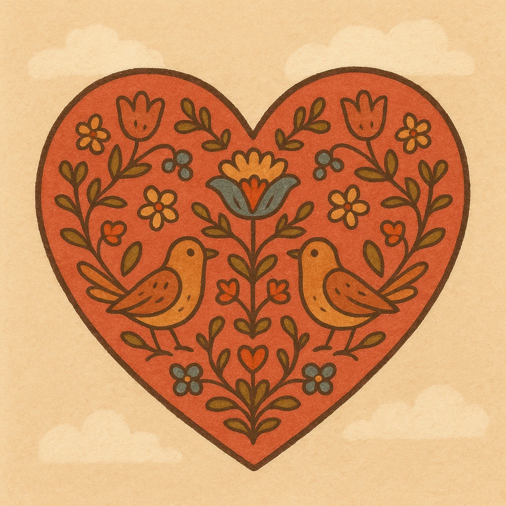 red heart with Slavic folk art nature motif, featuring stylized flowers, birds, and vines, ornate and colorful, inspired by Eastern European embroidery emoji